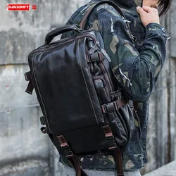 Vintage Genuine Leather Men's Backpack Cowhide Large Capacity Laptop Bag Travel Backpacks Soft Black Leather School Bags