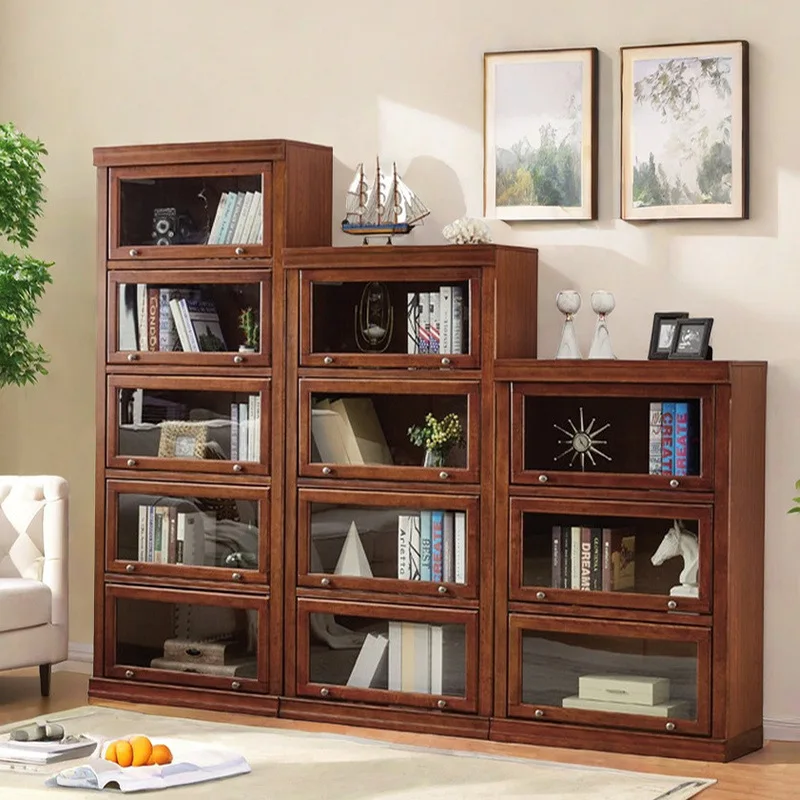 

American dust-proof solid wood glass door bookcase bookshelf children's locker bedroom home floor combination living room