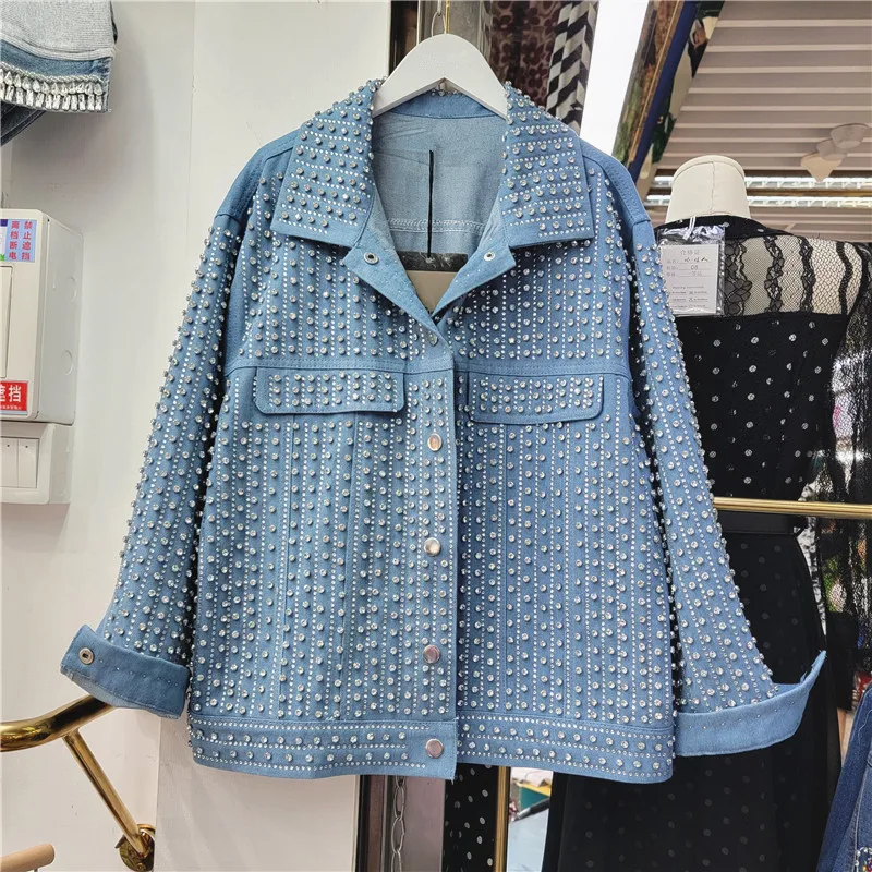 

Heavy Work Diamonds Denim Jacket Women Loose Short Casual Cowboy Outerwear Korean Vintage Blue Long Sleeve Jeans Jacket Female