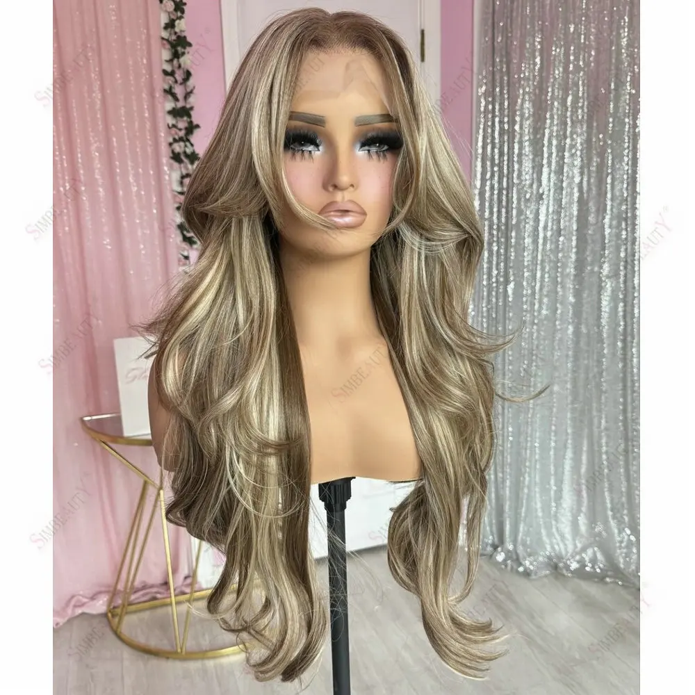 Europäische Echthaar-Perücken mit Vollspitze, transparente Spitzenperücken, hellbraun-blond mit Highlights, natürliche Wellen, 13x6 Lace-Front-Perücken – Detail 1