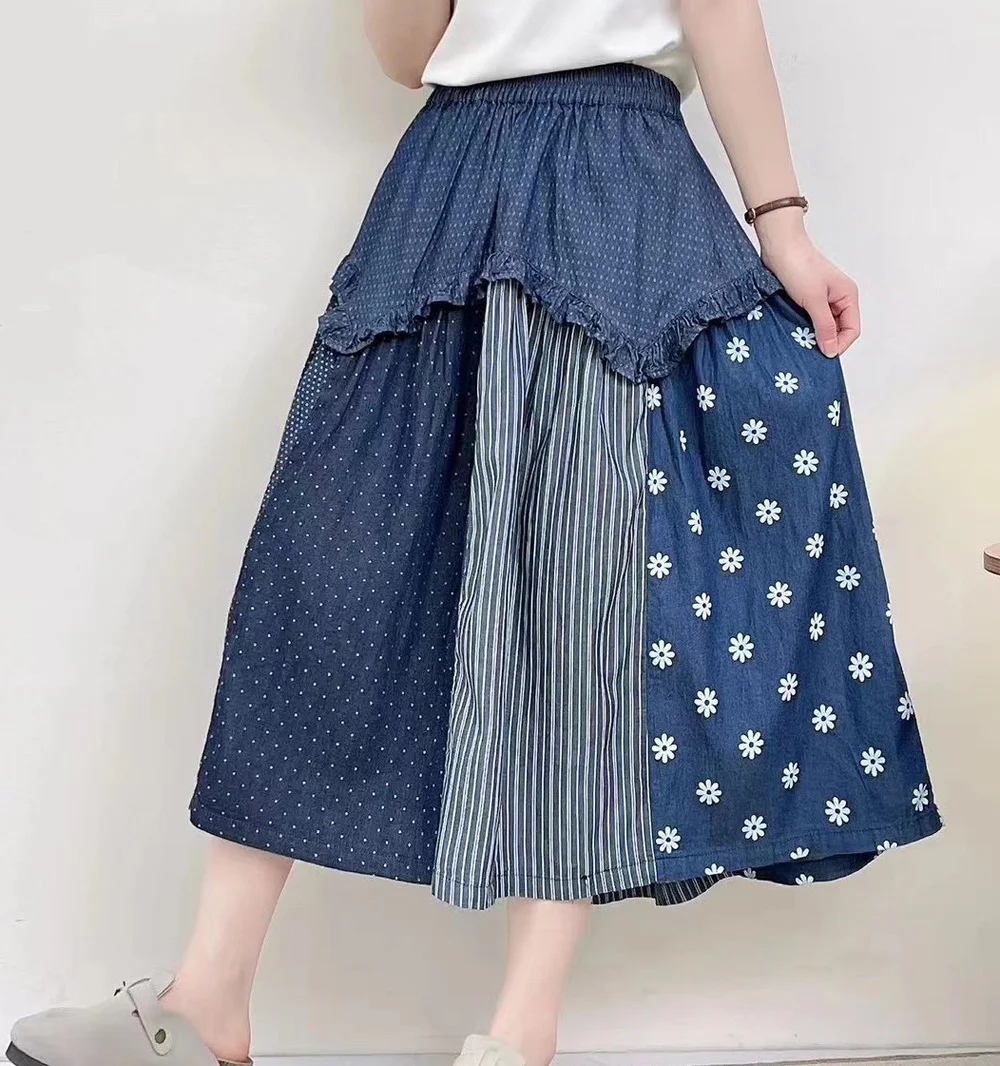 Harajuku Fashion Denim Long Skirts Women Spring  Autumn Japanese Style Long Floral Striped Patchwork Ruffled Jean Skirts