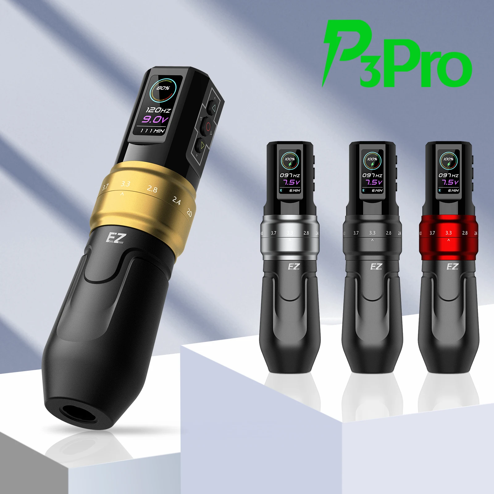 EZ P3 Pro-máquina de tatuaje con batería inalámbrica, Kits de bolígrafo, Cartucho EZ de 50 piezas, agujas de tatuaje, trazo ajustable, pantalla