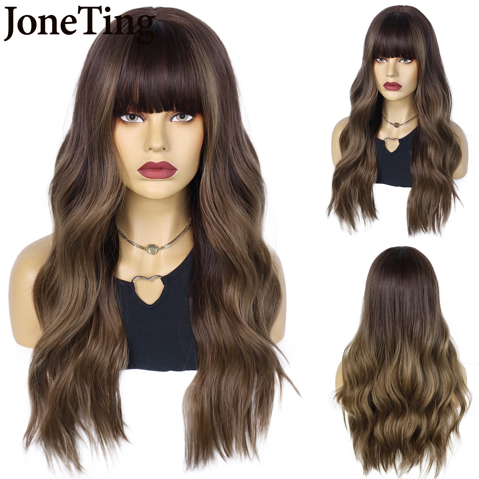 

JT Synthetic Red Brown Copper Ginger Long Natural Wave Wig with Bangs Ombre Gray Color Wig for Women Heat Resistant Cosplay Hair