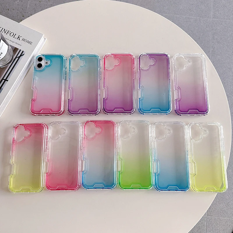 2in1 Luxury Gradient Color Blocking Transparent Phone Case For iPhone 16 15 14 13 12 11 Pro Max Plus Shockproof Clear Case Cover