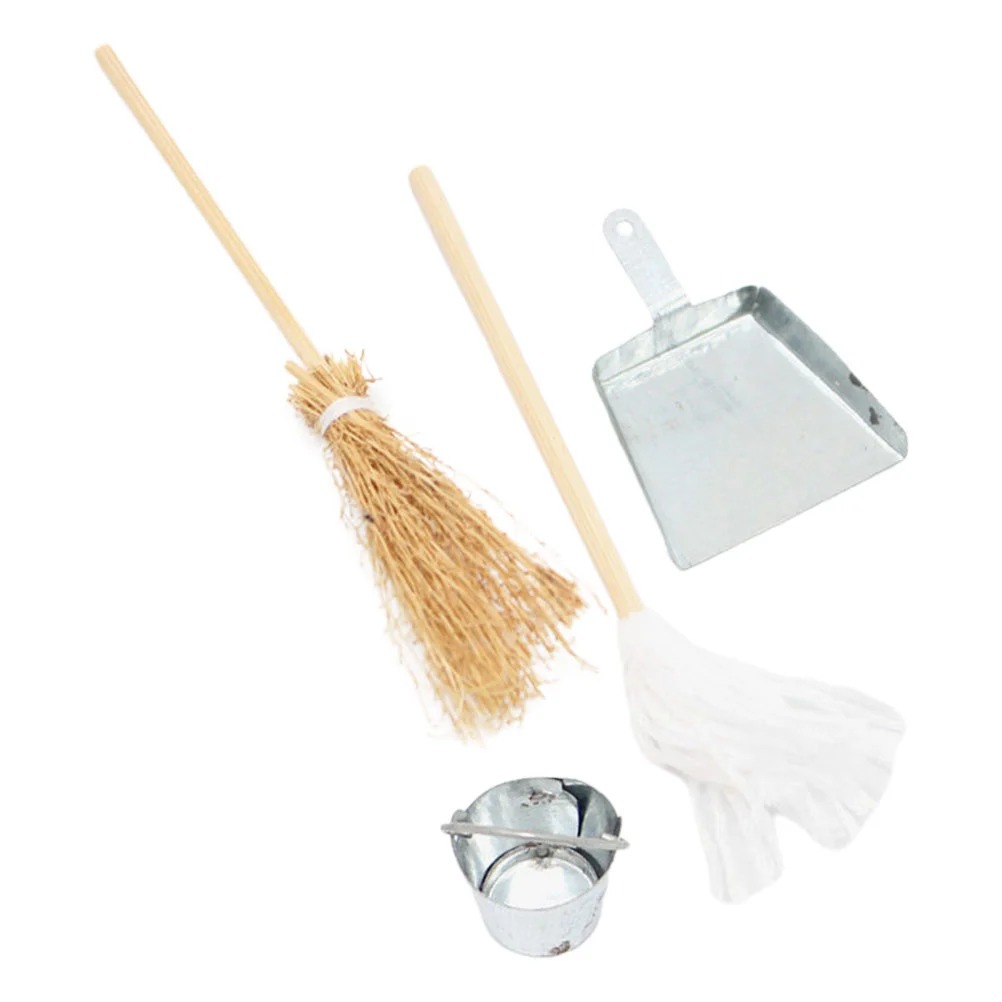 

House Broom and Dust Pan Kits Whisk Mini Figurines Props Miniature Cleaning Tools Dolls Furniture Mop