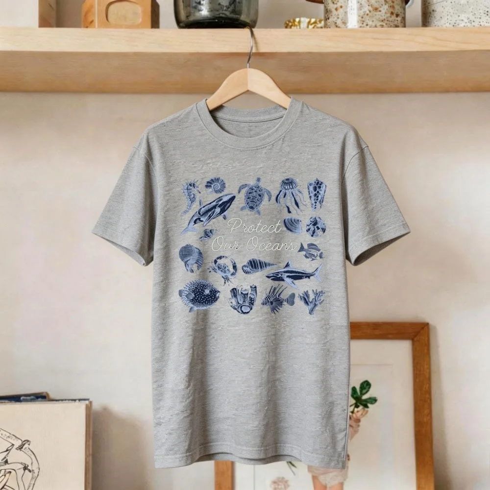 Protect Our Oceans Shirt Sea Wildlife Conservation Tees Retro Fashion Marine Creature Print Women Clothes Marine Life Enthusiast