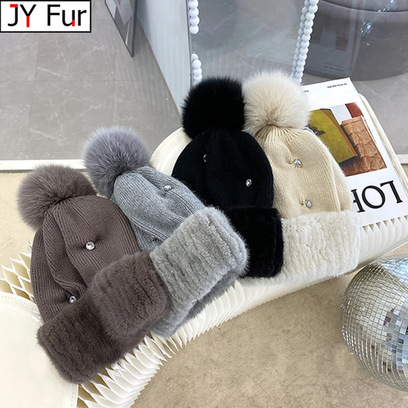 

Top Quality Women's Winter Knitted Wool Belend Patchwork Real Mink Fur Hat Cap Natural Fox Fur Pom Poms Beanie Lady Fashion