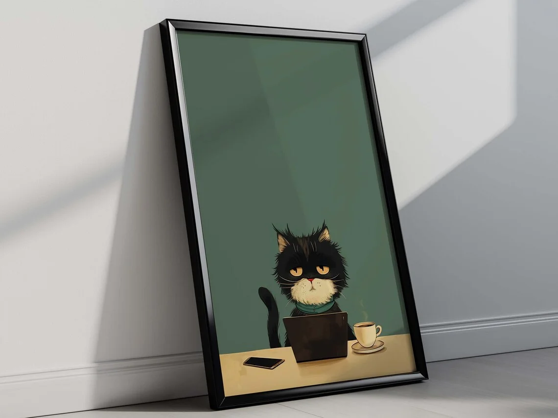 “Whimsical Grumpy Black Cat Wall Art: Cute Feline Working from Home with Laptop & Coffee – Retro-Styled Office/Living Room Decor view 6