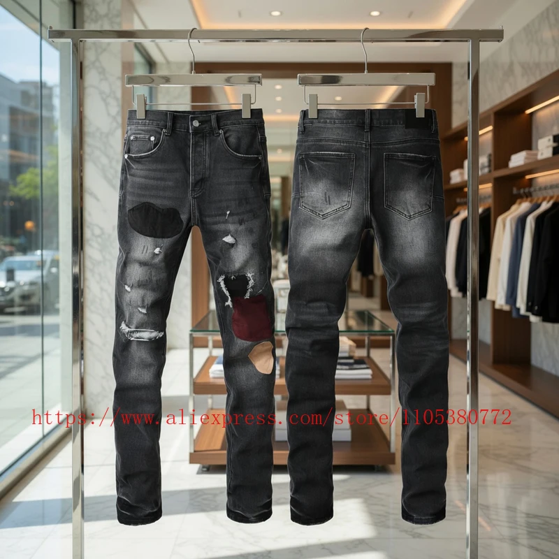 

American Style Color Block Patch Ripped Slim Jeans Washed Button Waist High Street Fashion Long Pants Men's Trousers
