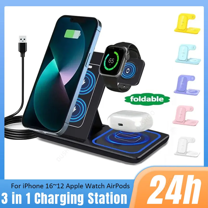 

Беспроводная подставка 3-в-1, складная магнитная зарядная станция 15 Вт для iPhone 12 13 14 15 Pro Max Mini iWatch 10 9 8 7 6 5 и AirPods