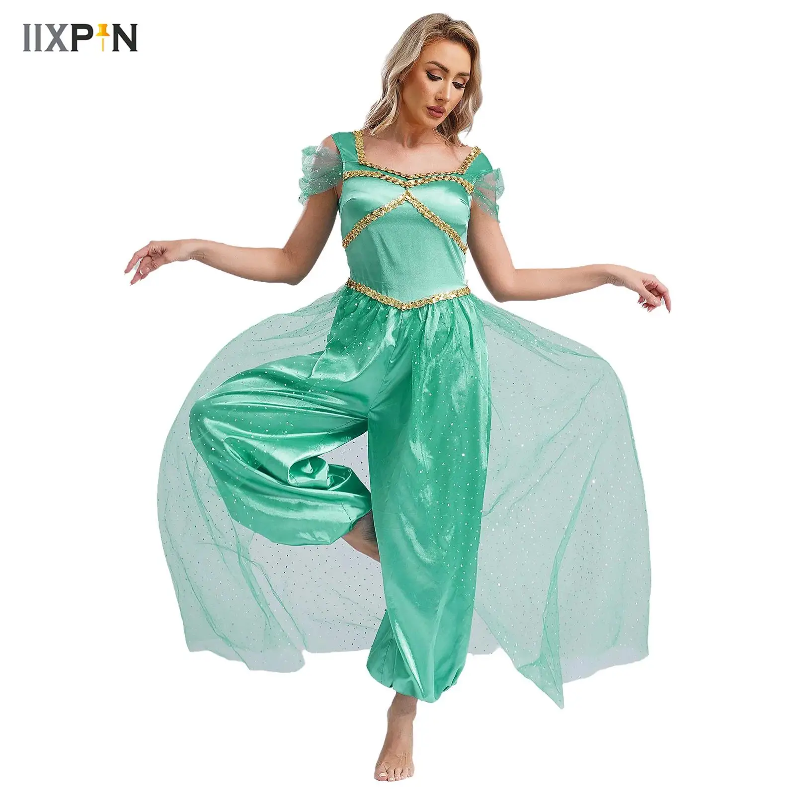 

Womens Arabic Princess Cosplay Costumes Belly Dance Jumpsuit One-piece Romper Shiny Sequin Trim Pumpkin Pants with Tulle Overlay