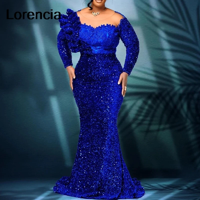 Lorencia Royal Blue Sequins African Prom Dress Black Girl Nigerian Sequines Mermaid Formal Evening Gowns Robe De Soiree YPD13