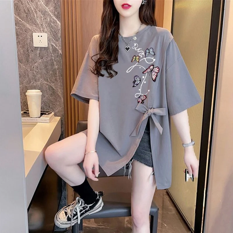 

Women's Fashion Trendy Split Butterfly Bow T Shirts 2025 Summer New Casual Loose O-Neck Half Sleeve Pullover Tops Lady Clothing