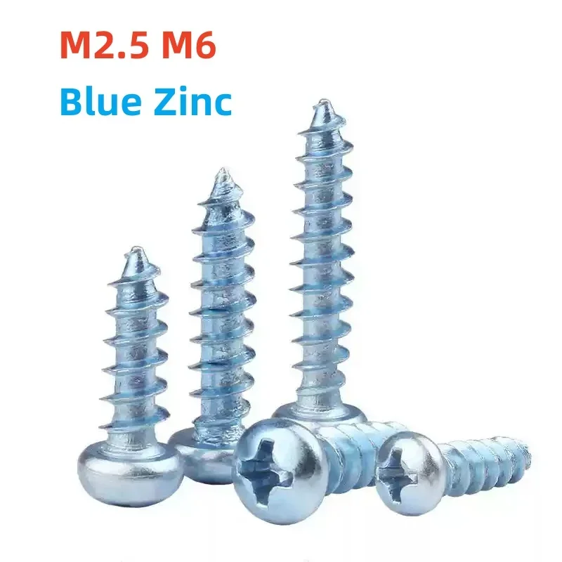 50pcs/2pcs M2.5 M6 Hardened Blue Zinc Plated Cross round head Self Tapping Screws Pan Head Tapping Screws