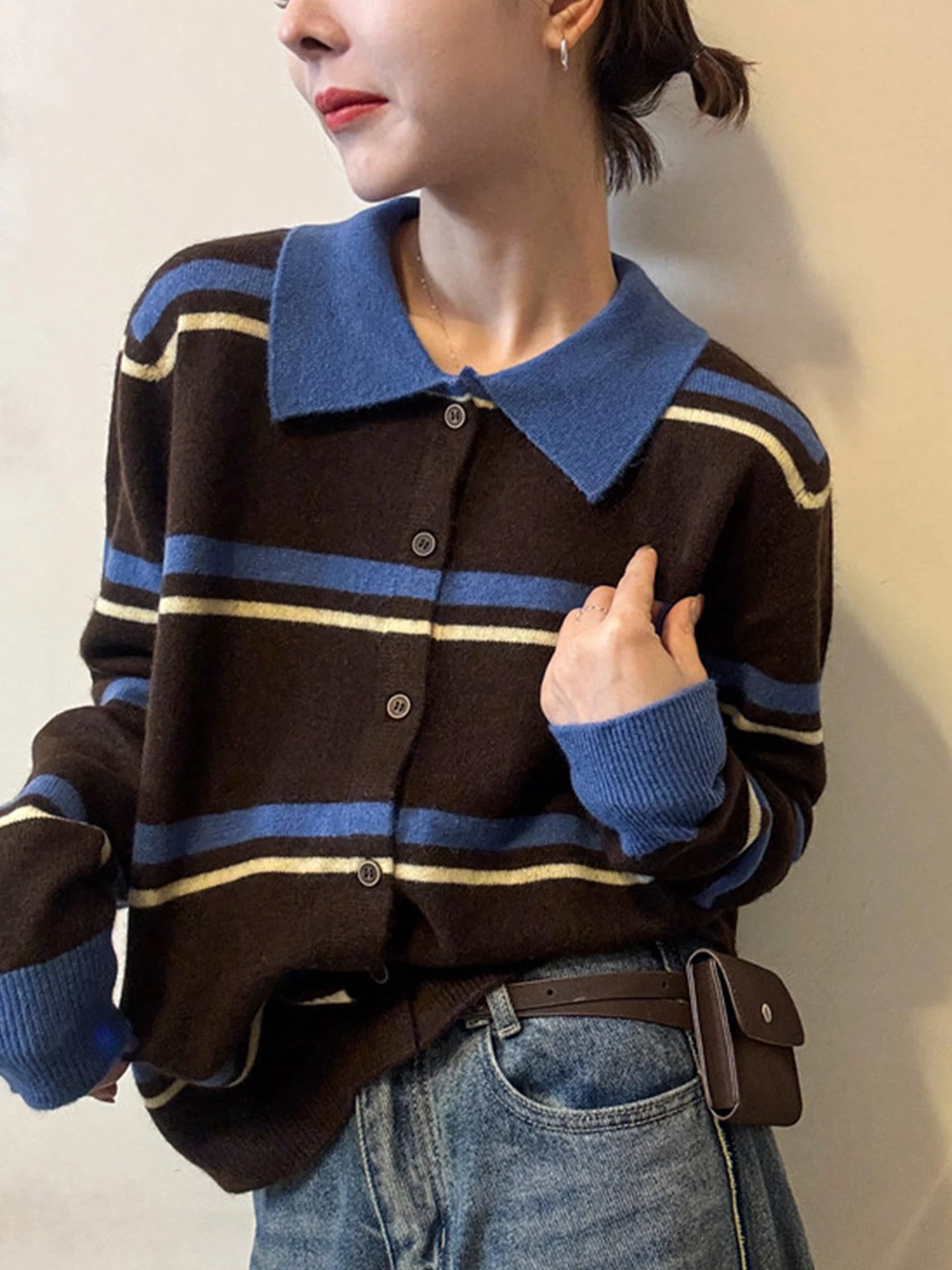 Pull Long tricoté rétro pour femme, Cardigan amincissant à bouton unique, haut d'automne, couleur Blo rayé