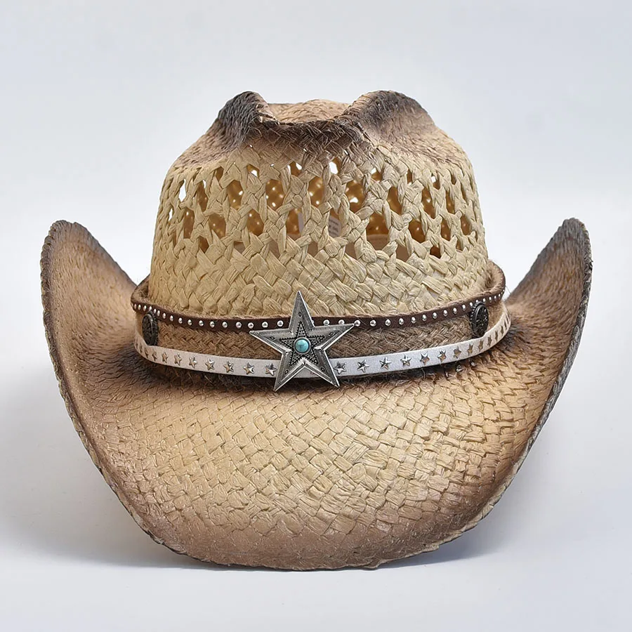 Hand-woven Natural Straw Western Cowboy Hat for Women Men Summer Outdoor Breathable Beach Sun Hats