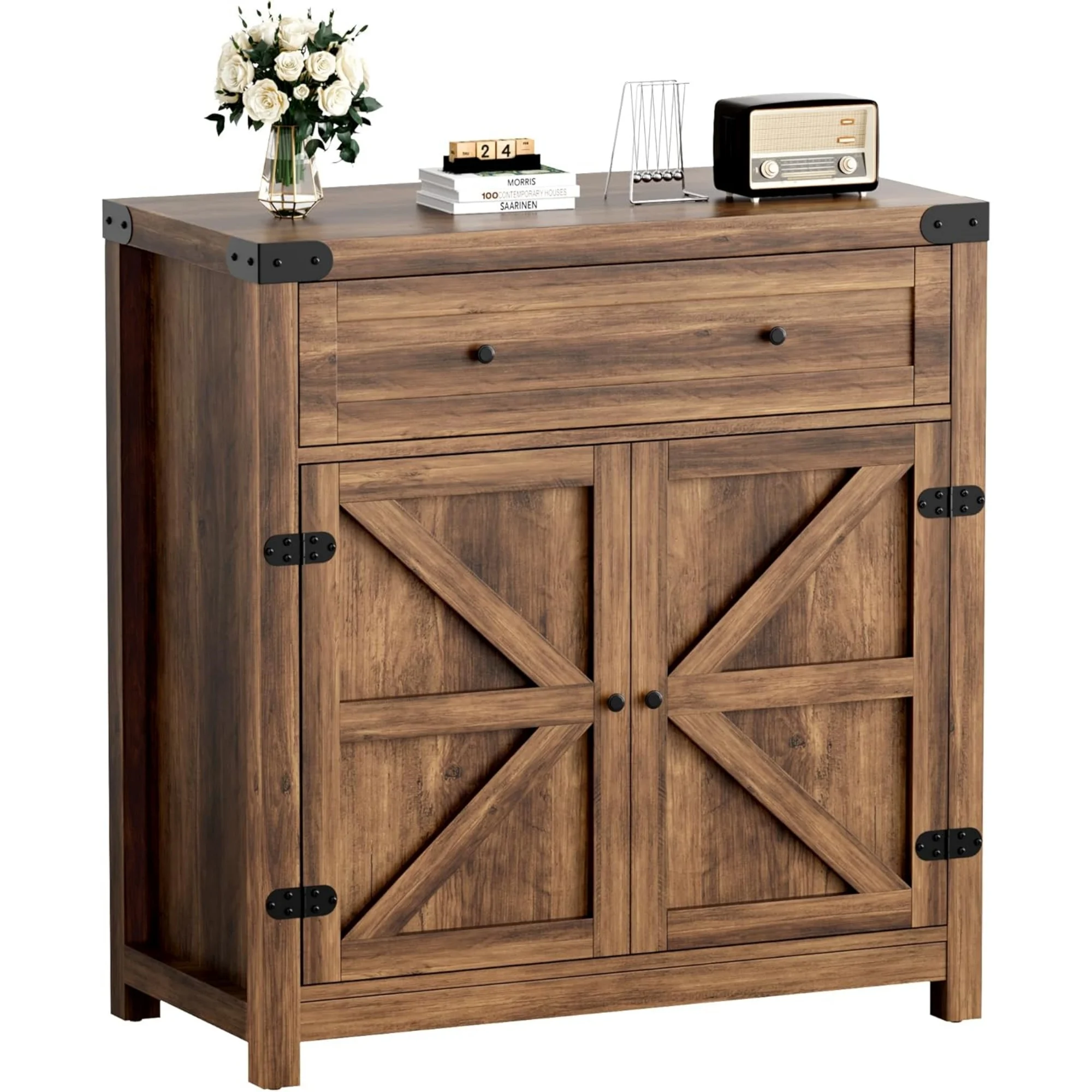 

Coffee Bar and Accent Cabinet, Farmhouse Barn Door Buffet Sideboard with Drawer and Adjustable Shelf, Wide Desktop for Kitchen, Dining Room, Bathroom, Entryway, Brown