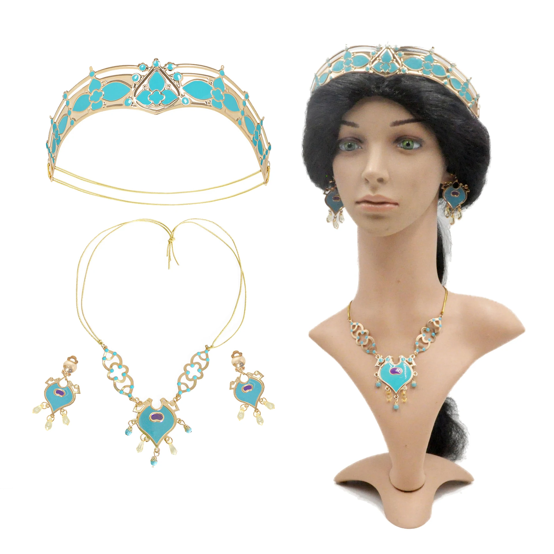 New Aladdin Dangle Earring Princess Jasmine Earrings Necklace Head Wear Handmade Jewelry Earring Clips Princess Dress Up Jewelry