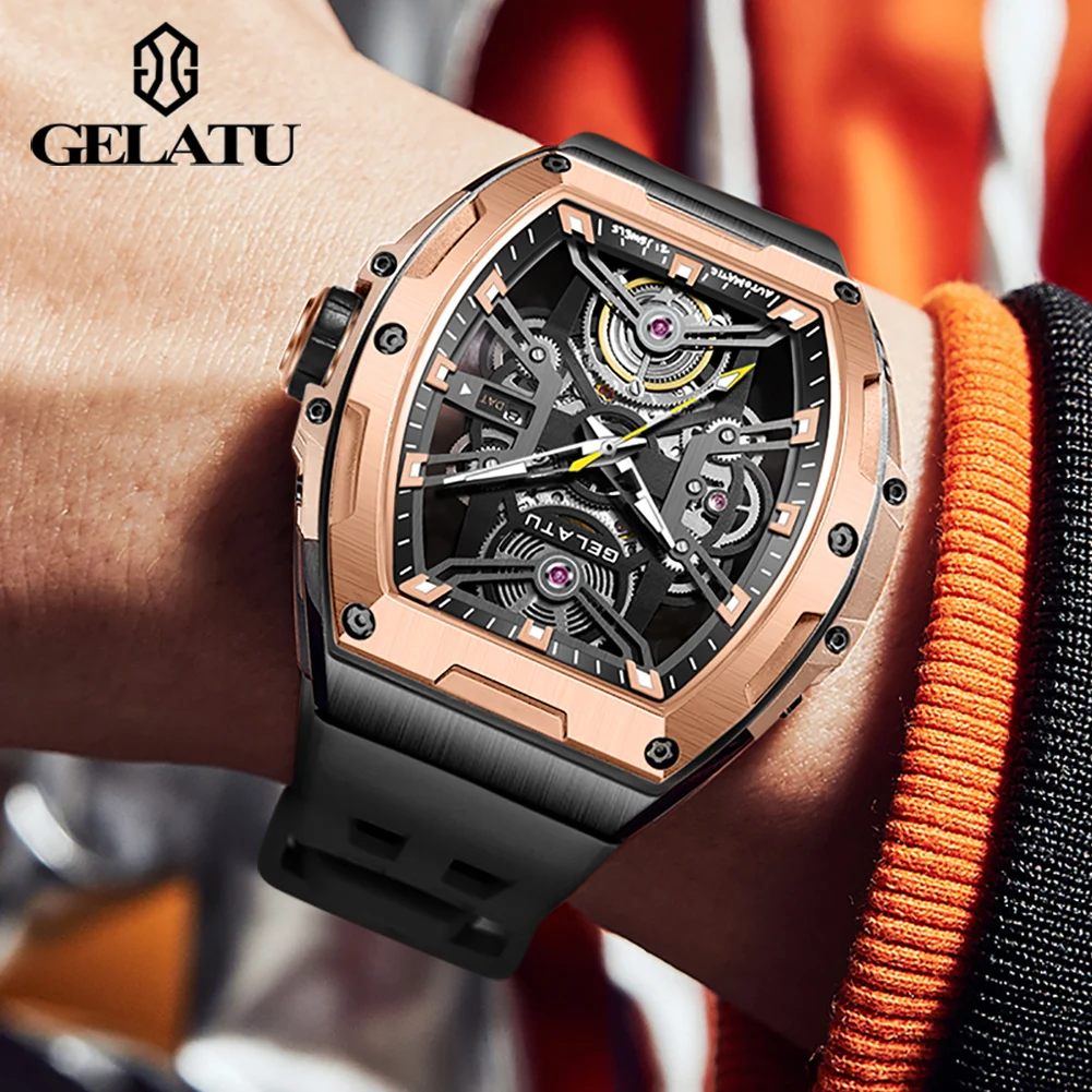 GELATU 6012 Men's Watch Luxury Brand Automatic Mechanical Watch Waterproof Skeleton Sports Silicone Watch Strap Relios Masculino