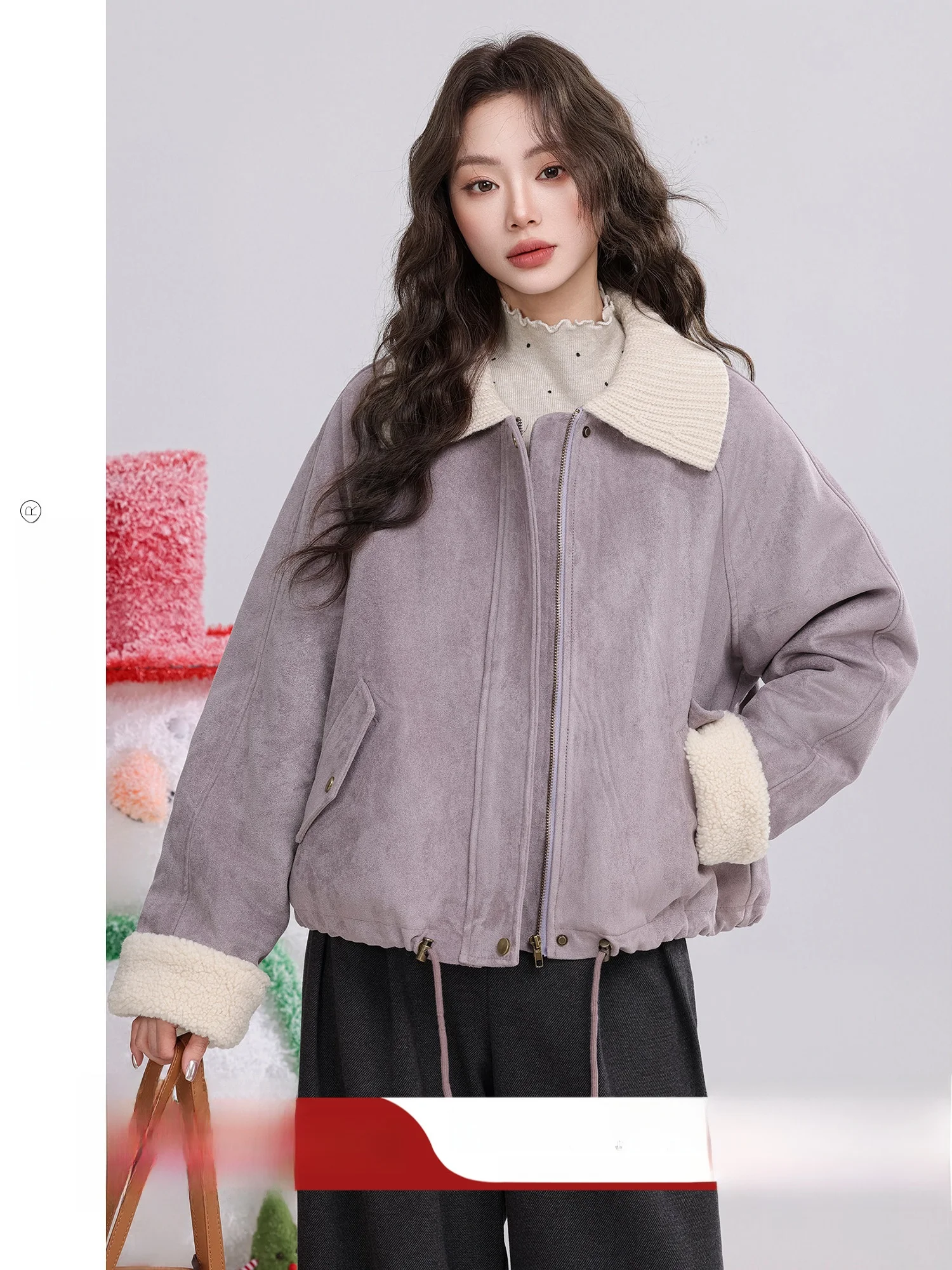 

Retro Purple Splice Knitted Collar Fleece Lined Jacket Women's Winter New Style Warm Loose Fit Long Sleeve Zipper Closure Coat