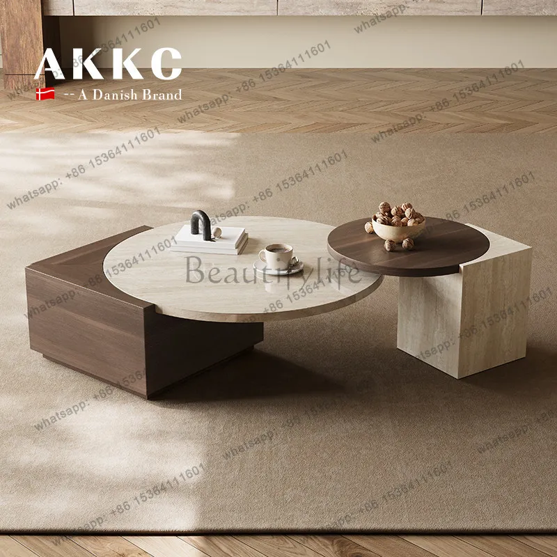 

Wabi-sabi style coffee table combination original designer art solid wood imitation travertinestone living room small apartment