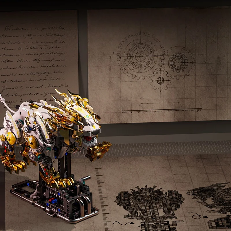 Kit de construção Mech Lion - modelo de tijolos compatíveis com peças móveis, brinquedo educacional STEM para meninos, conjunto de construção criativa DIY