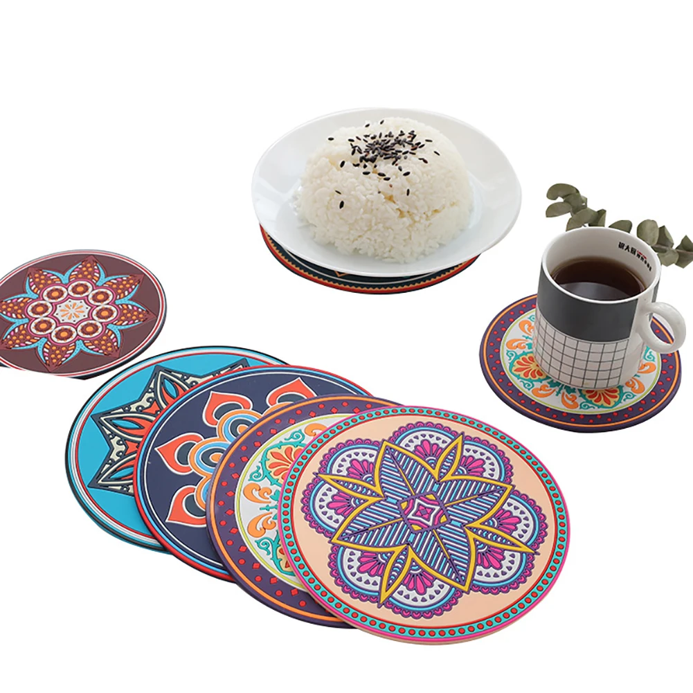 1pc Round Mandala Coaster Heat-resistant Mug Pot Glass Pad Coffee Placemats Anti-Slip Table Mats Handicraft Kitchen Accessories