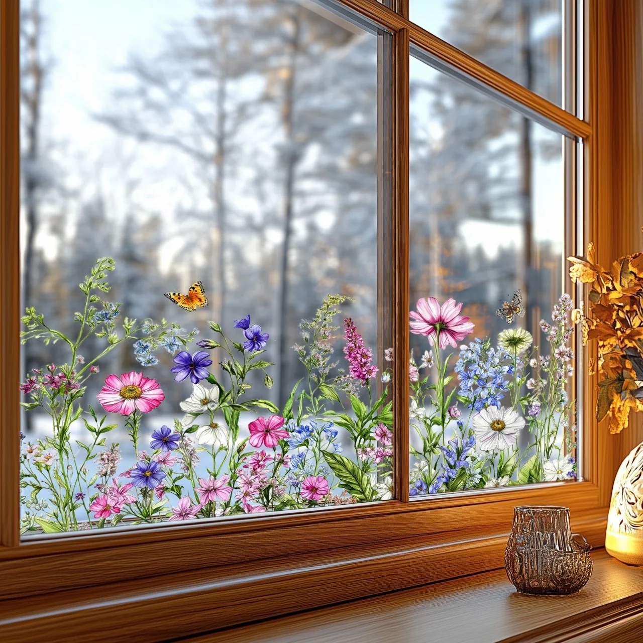 1pc Colorful Flowers Butterflies Window Stickers Double Sided Glass Decals Self Adhesive Home Decor for Doors Windows