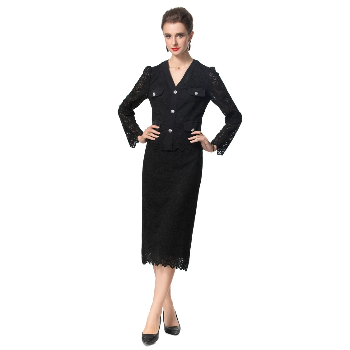 Dames Twinsets Sexy V-Hals Lange Mouwen Kanten Buis Met Elegante Kokerrok Mode Tweedelig