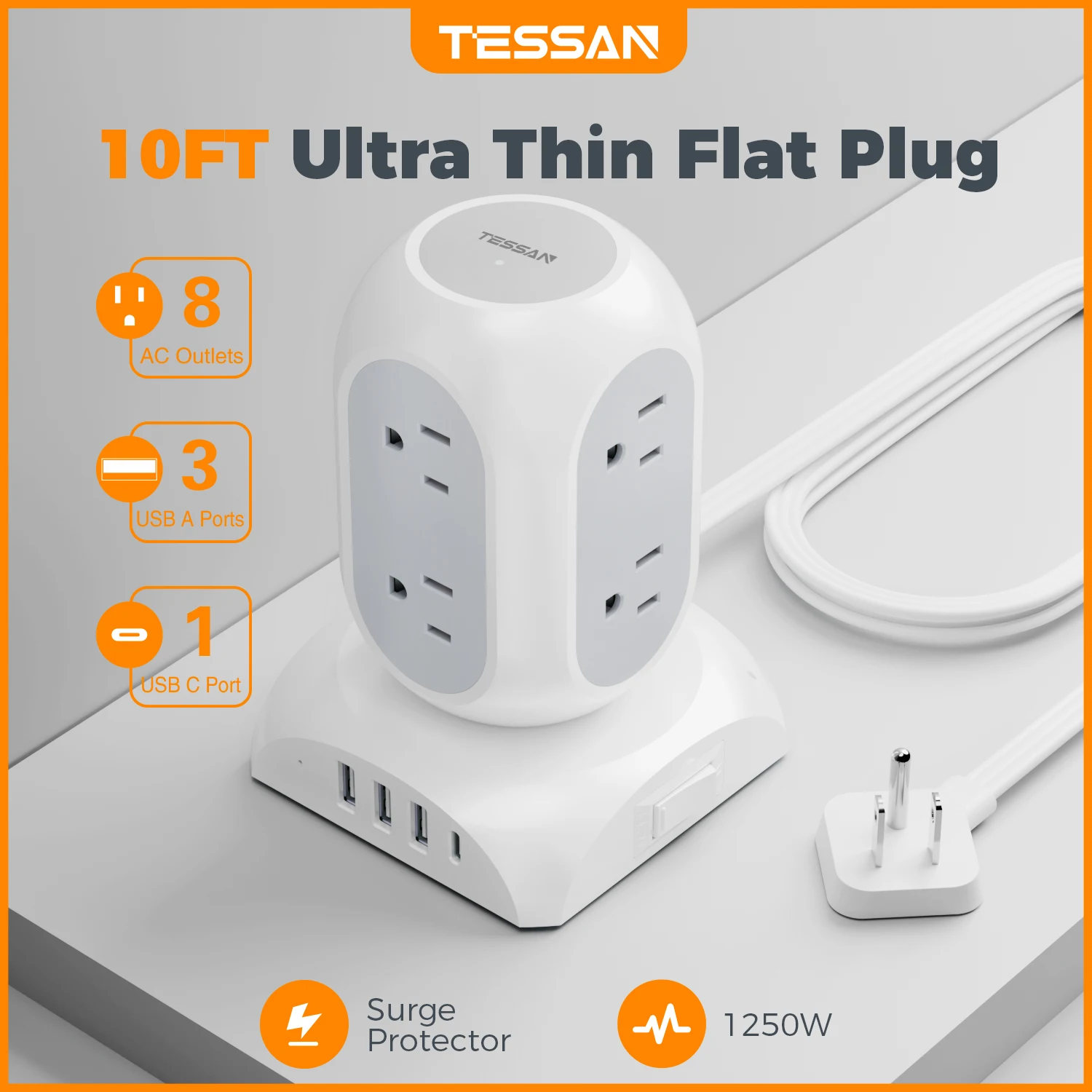 

Многорозеточный сетевой фильтр TESSAN с 8 розетками, 3 USB и 1 Type-C, с защитой от перенапряжения, в виде башни, с плоским удлинителем 3 м