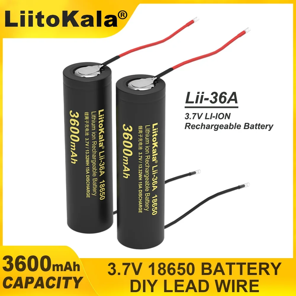 100% Original New LiitoKala Lii-36A 18650 3600mAh 3.7V Lithium Rechargeable Battery with DIY Silicone Cable Batteries 4.2V