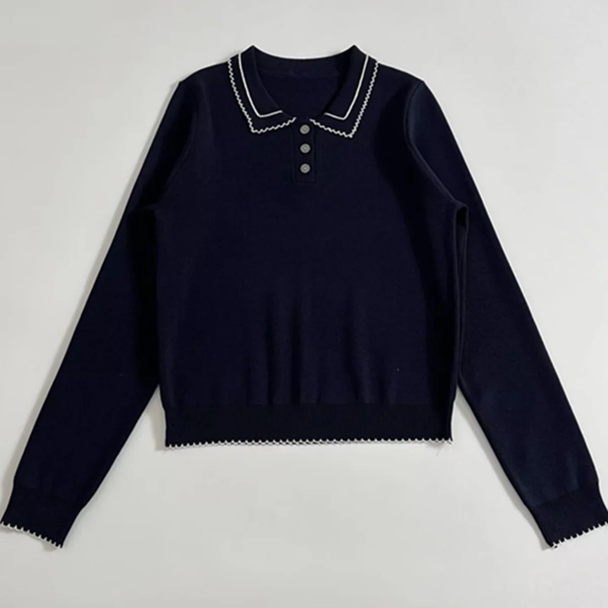 

Maxdutti French Minimalist Navy Blue Polo T-Shirt Elegant Color Blocking And Lace Long Sleeved Knitted T-shirt Women's Clothes T