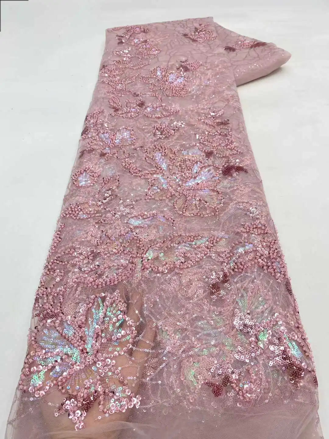 

African Beaded Lace Fabric French Bridal Sequins Lace Fabric 2025 Luxury Nigerian Tulle Lace Fabric Couture Materiel