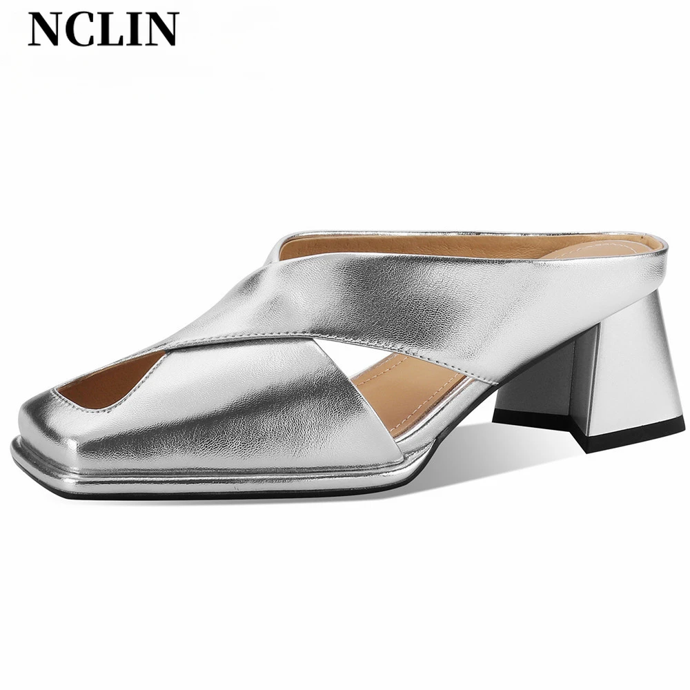 

NCLIN 2024 Women Genuine Leather Sandals Thick High Heeled Party Wedding Shoes Woman Fashion Square Toe Summer Shoes Pumps