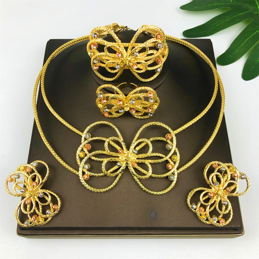 

Модный высококачественный позолоченный женский комплект ювелирных изделий, простые линии, серьги, кольцо, цветное ожерелье, браслет для свадебной вечеринки