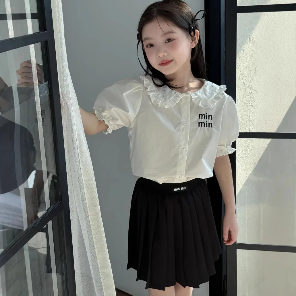 Baby Girl Summer 2PCS Clothes Set Minmin Shiny Peter Pan Collar Blouses+pleated Skirt Outfit Little Girl Bubble Short Sleeve Tee