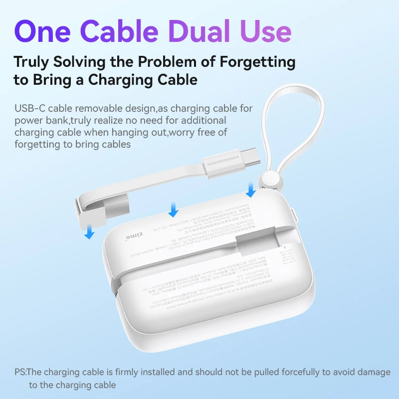 Zime-بنك طاقة صغير بكابلات مدمجة ، شحن سريع ، بطارية خارجية ، محمول ، آيفون ، سامسونج ، شاوميو ، بي دي ، 20 واط ، ماه