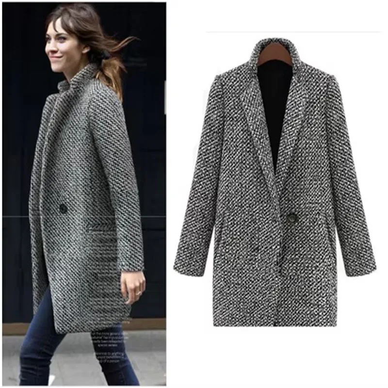 

Women's Woolen Coat Arrive European Female Spring European Leg Houndstooth Windbreaker Jacket Plus Size Long Winter Coat