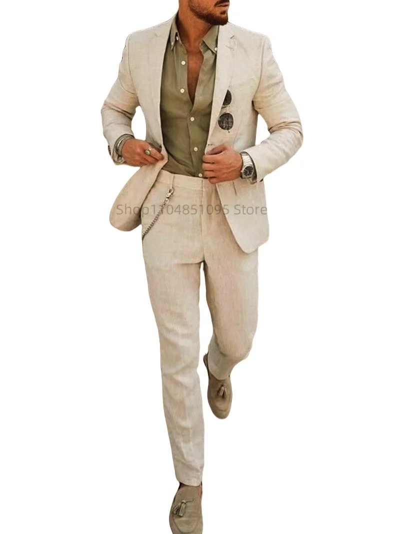 

Mens 2-piece Pant Suits Spring Summer Single Breasted Linen Beige Blazer Jacket Smart Casual Wedding Business Commuting Suit