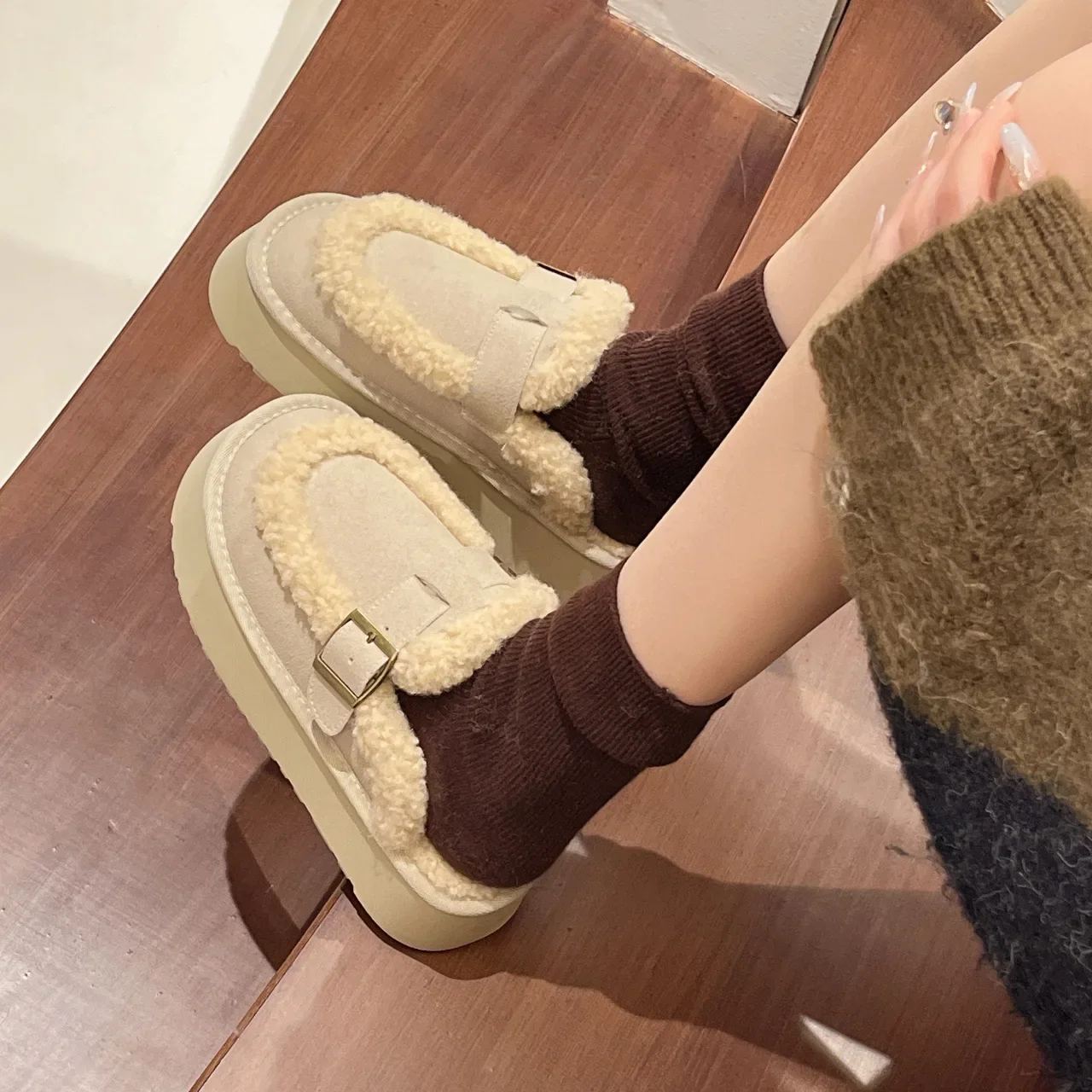 الشتاء سميكة القاع التمهيد نعال من القطن المرأة صوف مبطن الانزلاق على مغطاة تو نصف النعال الكورية نمط حذاء مسطح #2