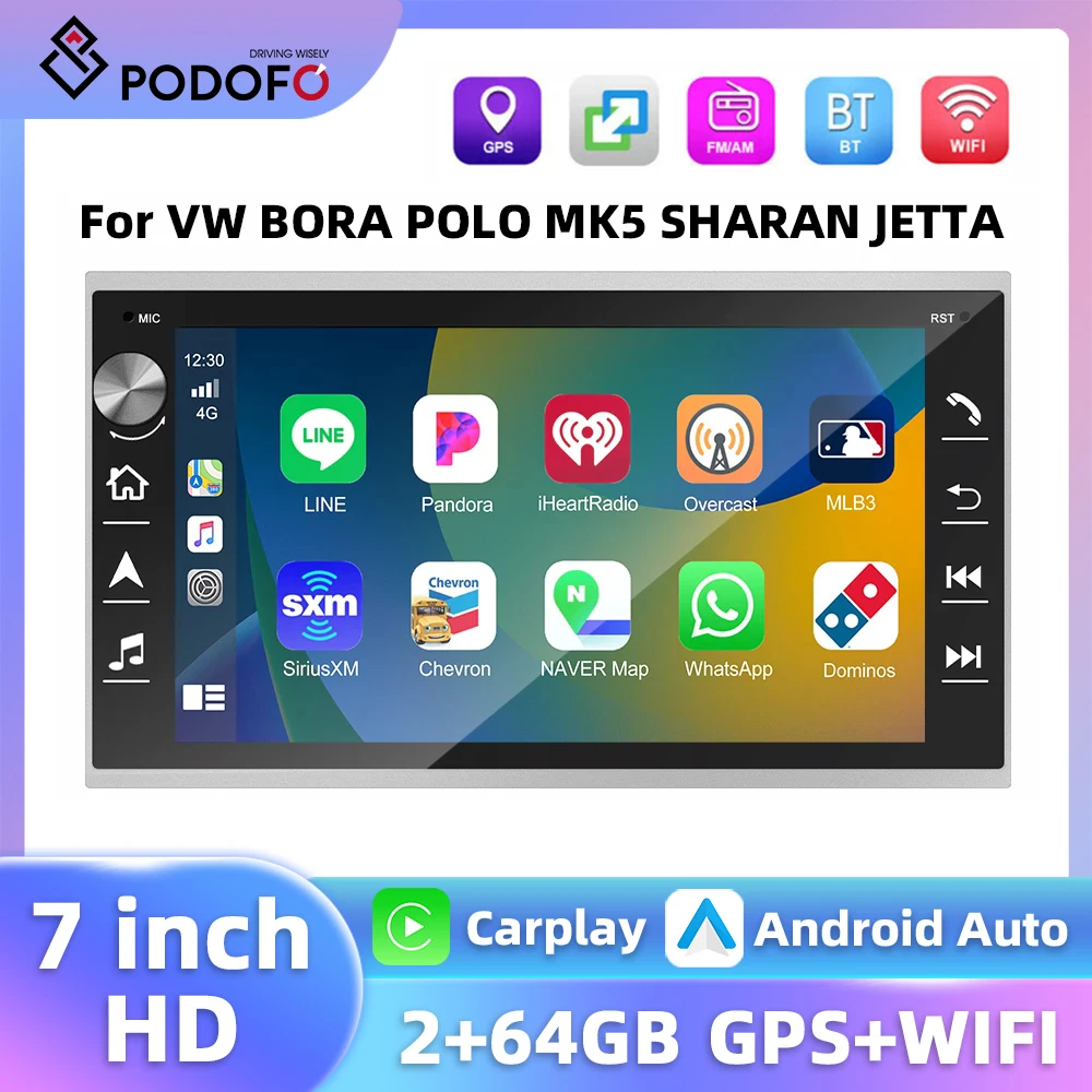 Podofo 4Core 2+64G Car Radio For VW/BORA/POLO/MK5/SHARAN/JETTA Multimedia Player Carplay Android Auto GPS Navigation HiFi Audio