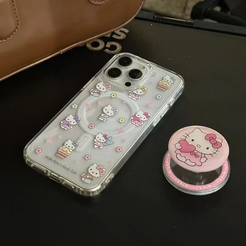 Cute Sanrio Hello Kitty Magnetic Bracket Magsafe Wireless Charge Phone Case For IPhone 15 14 13 12 11 Pro Max Clear Hard Cover