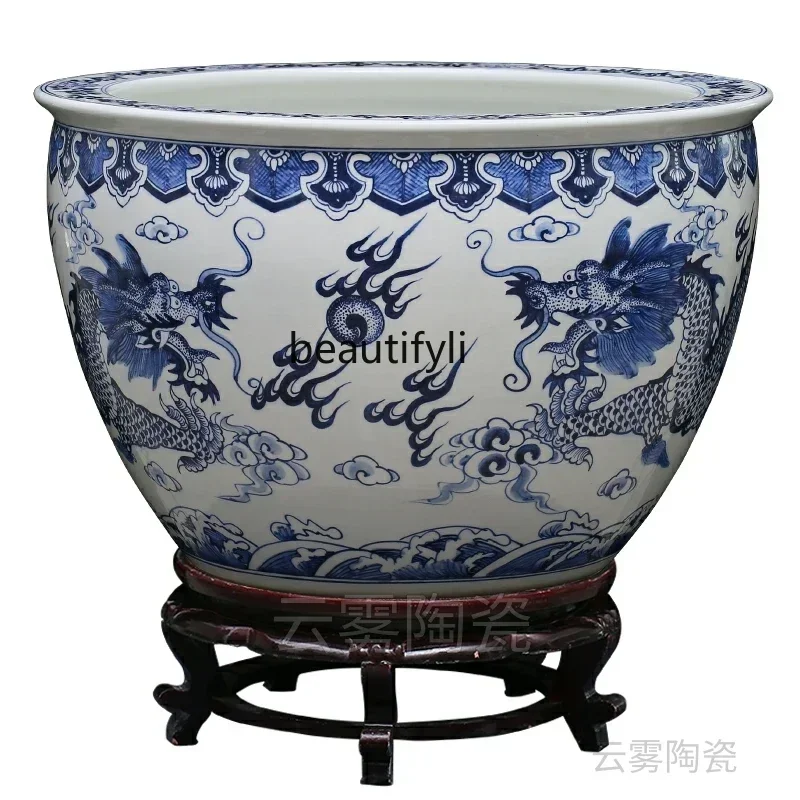 

cqyCeramic Fish Tank Hand Painted Blue and White Dragon Pattern Ancient Style Extra Large Sleeping Lotus Lotus General Office