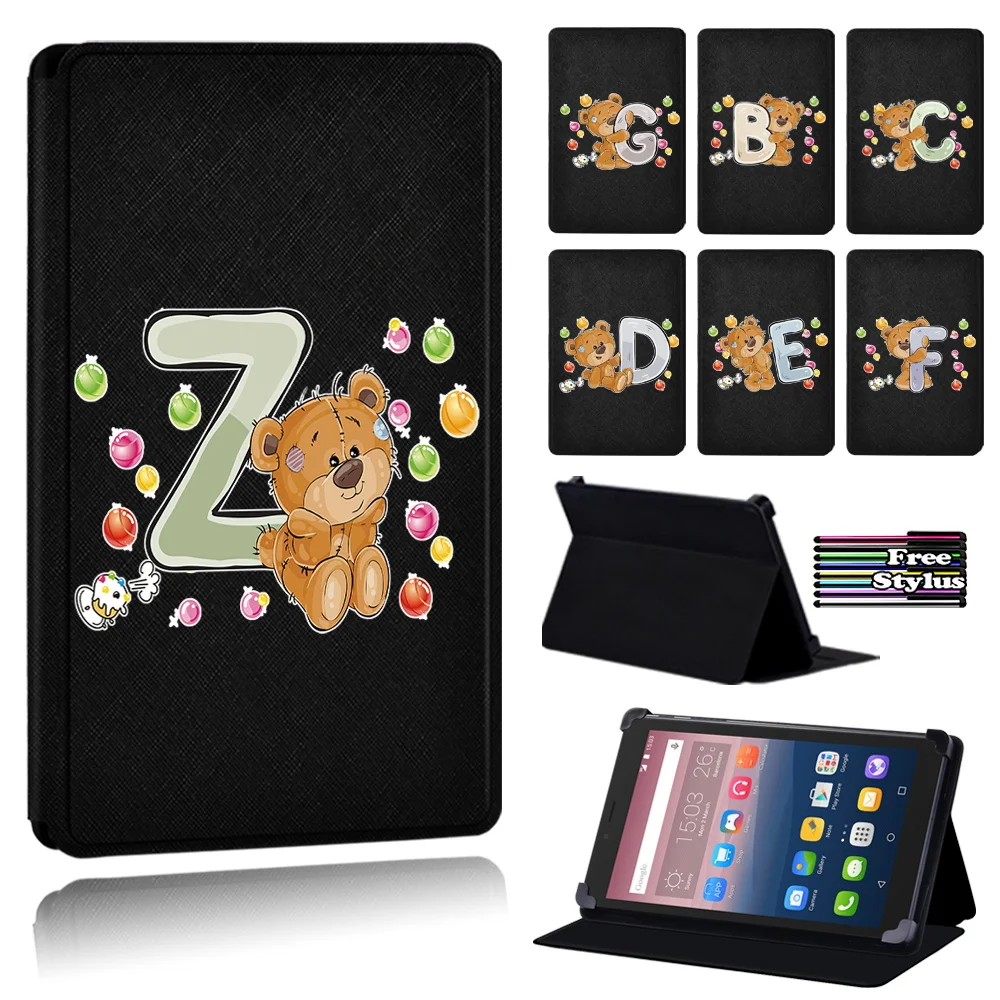 Bear Initials Print Tablet Case for Alcatel OneTouch PIXI 3 7.0/PIXI 3 8.0/Pixi 3 10/Pixi 4 7 - PU Leather Stand Cover Case +Pen