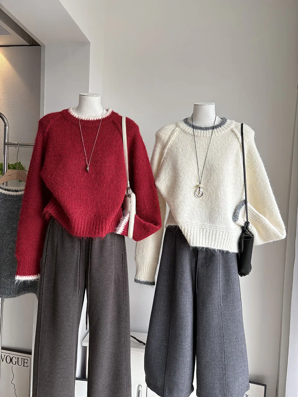 Women's Burgundy Red Fuzzy Knit Sweater Contrast White Trim O-neck Long Sleeve Loose Soft Pullover Elegant Casual Autumn Winter