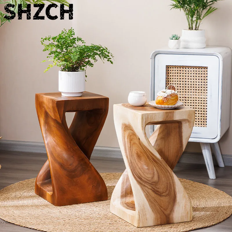 Solid Wood Tree Stump Side Table, Natural Log Plant Stand for Balcony, Rustic Low Stool for Living Room, Creative Home Decor