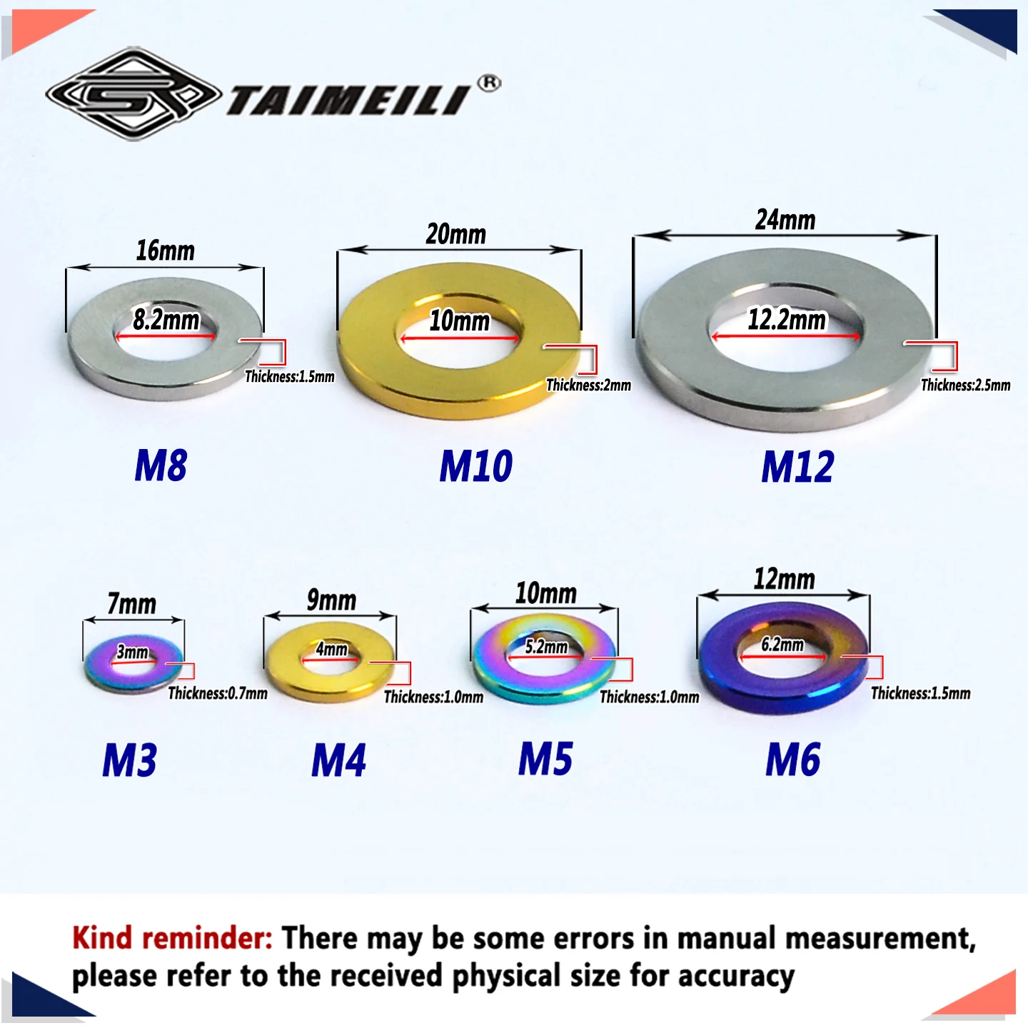 TAIMEILI TC4 Titanium Alloy Standard Plain Gasket M3 M4 M5 M6 M8 M10 M12 Motorcycle Bicycle Modification 4/6/8/10Pcs 