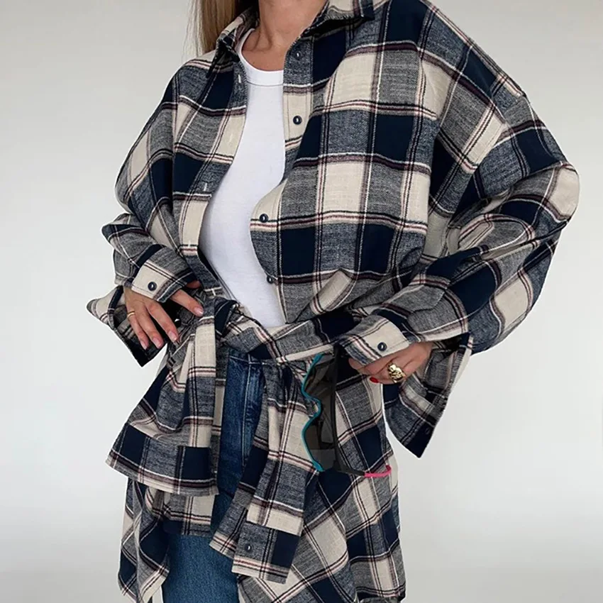 Autumn New Cotton Plaid Long sleeved Shirt Loose Casual Fashion Lazy Style Large Plaid Shirt Commuter Coat 2024