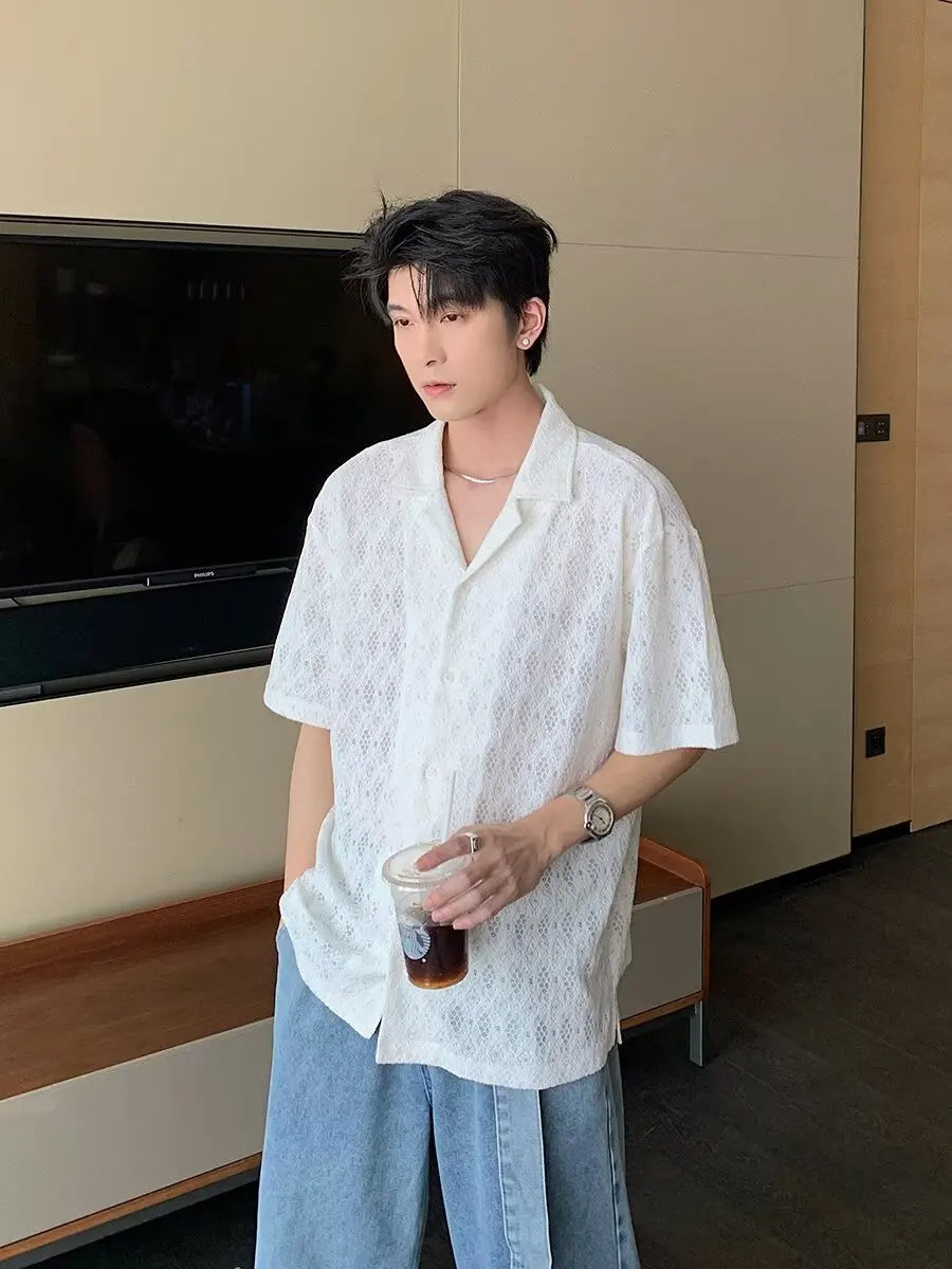 

Повседневная дышащая тонкая рубашка с коротким рукавом и вышивкой в кубинском стиле, летняя модная свободная молодежная рубашка с винтажным ажурным дизайном