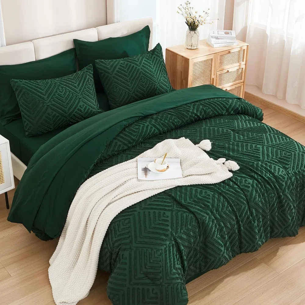 Comforter Set 7 Piece Dark Emerald Green - Bed in a Bag Queen Boho Lightweight Fluffy Tufted Beddding Sets, Comforters